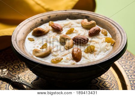 Most famous Indian sweet pudding Kheer or semiya khir in a bowl.Selective focus