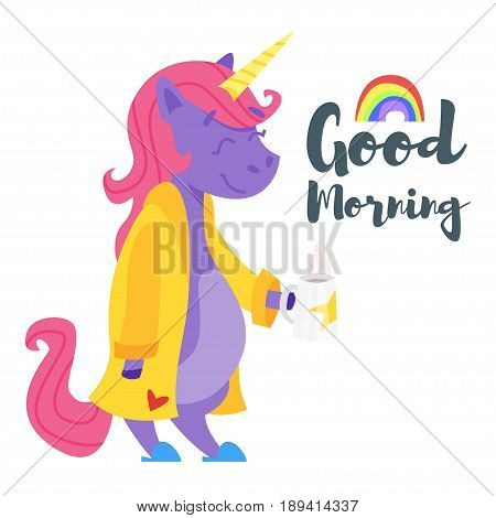 Vector cartoon style illustration of happy unicorn drinking tea in the morning. Template for 