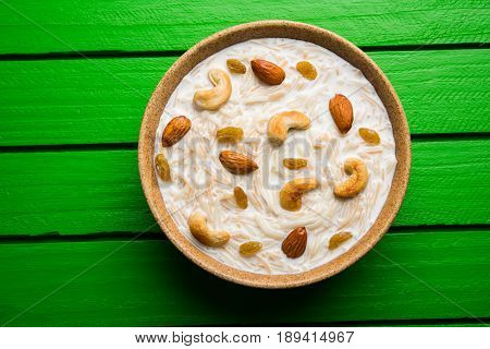 Most famous Indian sweet pudding Kheer or semiya khir in a bowl.Selective focus