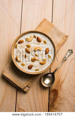 Most famous Indian sweet pudding Kheer or semiya khir in a bowl.Selective focus