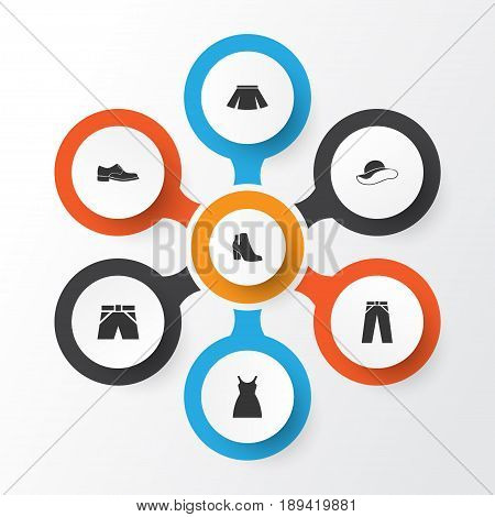 Dress Icons Set. Collection Of Elegance, Pants, Elegant Headgear And Other Elements. Also Includes Symbols Such As Boots, Dress, Footwear.