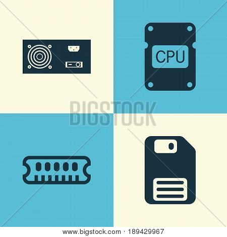 Computer Icons Set. Collection Of Power Generator, Diskette, Cpu And Other Elements. Also Includes Symbols Such As Save, Dskette, Ram.