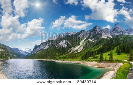 Alpine Summer Lake Sunshiny Panorama.