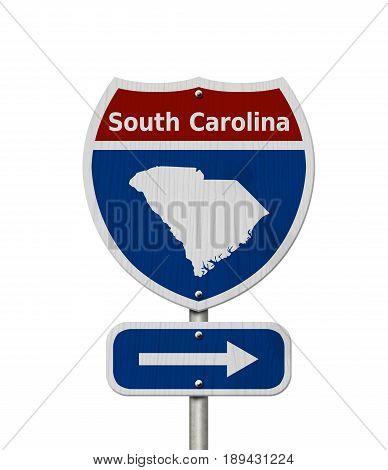 Road trip to South Carolina Red white and blue interstate highway road sign with word South Carolina and map of South Carolina isolated over white 3D Illustration