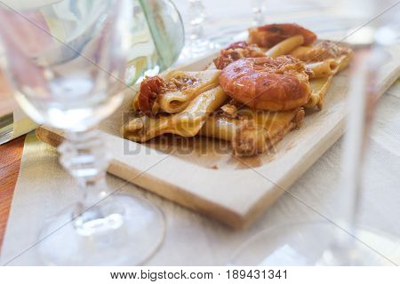 Gragnano paccheri with fish sauce and imperial shrimps