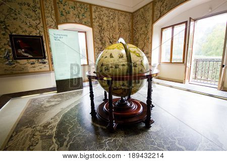 Salzburg Austria/16 September 2016: Hellbrunn Palace - the globe in the room in the museum. The globe - a symbol of adventures and travel