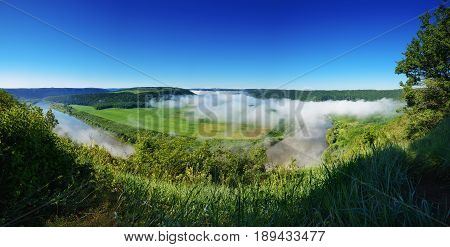 Dnister river landscape in Ternopil region of western Ukraine. Idillyc view from above in the morning. Panorama