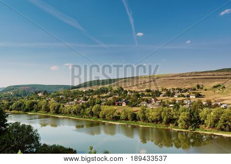 Dnister river landscape in Ternopil region of western Ukraine. Idillyc view to the small villadge