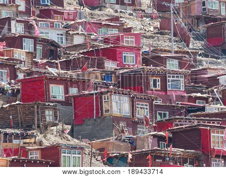 Red village and monastery at Larung gar (Buddhist Academy) in Sichuan China