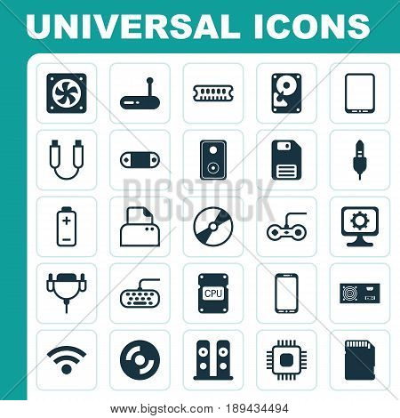 Computer Icons Set. Collection Of Cd-Rom, Hdd, Portable Memory And Other Elements. Also Includes Symbols Such As Sound, Aux, Tablet.