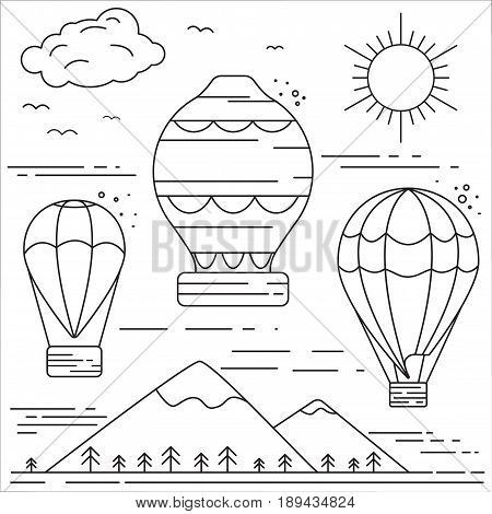 Air balloons flying in the sky above the mountains, balloon fiesta. Thin line flat illustration, vector.