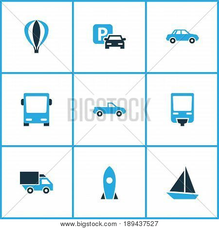 Transportation Colorful Icons Set. Collection Of Autobus, Aerostat, Cabriolet And Other Elements. Also Includes Symbols Such As P, Lorry, Rocket.