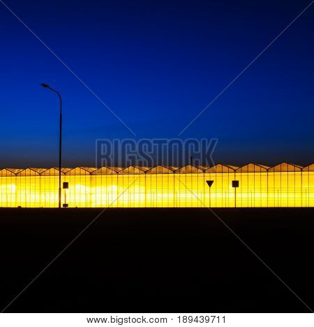 Greenhouse plant at night. Night landscape luminous glass construction. Silhouette of road signs on a background of a facade of a hothouse