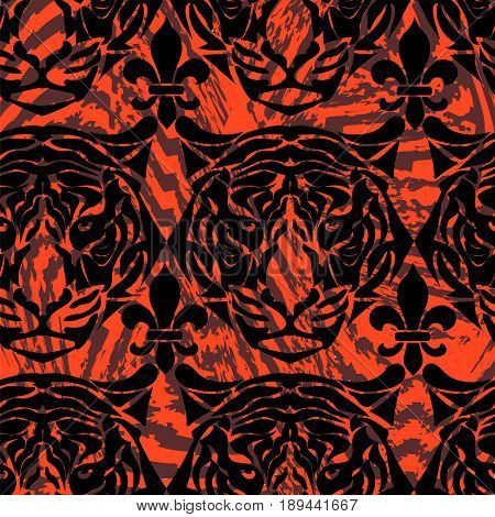 Seamless pattern of tiger heads, with tiger skin texture
