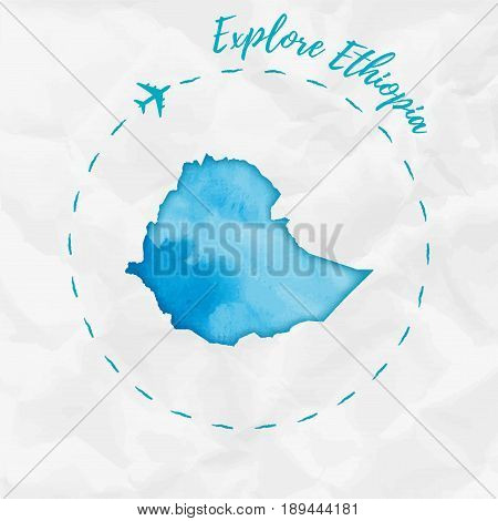 Ethiopia Watercolor Map In Turquoise Colors. Explore Ethiopia Poster With Airplane Trace And Handpai