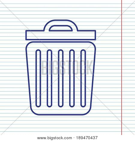 Trash sign illustration. Vector. Navy line icon on notebook paper as background with red line for field.