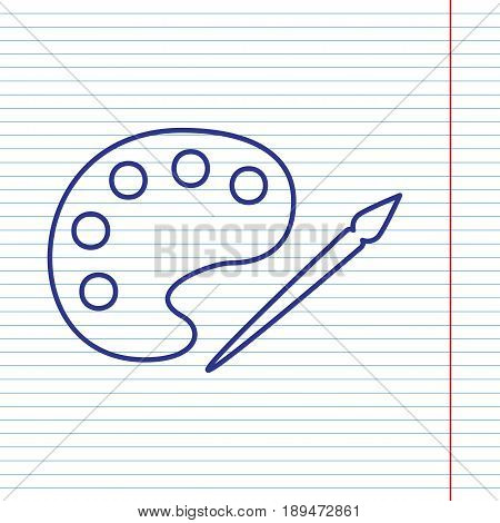 Palette and paint brush sign. Vector. Navy line icon on notebook paper as background with red line for field.