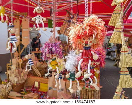 ZAGREB CROATIA - MAY 10 201T : Variety of traditional souvenirs for sale at Dolac Market.