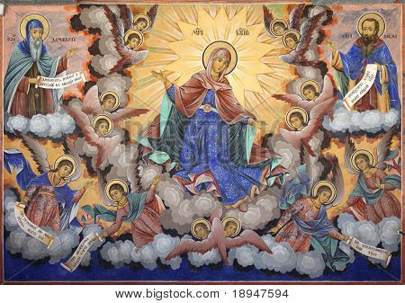 Sante Vergine affreschi, dipinta sulla facciata della Chiesa la Natività della Vergine, Coira principale del 1840-1847