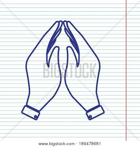 Hand icon illustration. Prayer symbol. Vector. Navy line icon on notebook paper as background with red line for field.