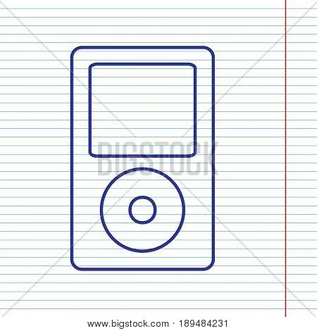 Portable music device. Vector. Navy line icon on notebook paper as background with red line for field.
