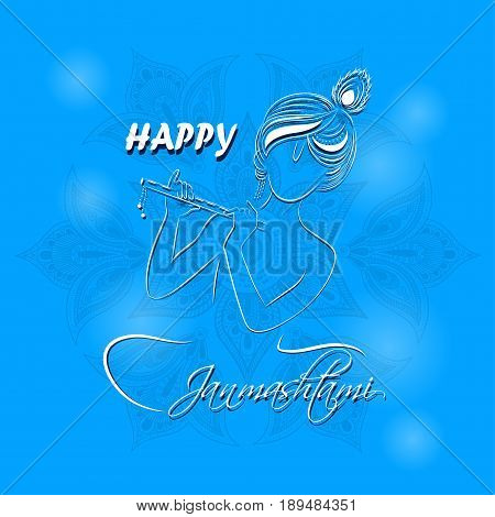 Hindu Young God Lord Krishna With Flute. Happy Janmashtami. Vector Illustration.