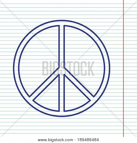 Peace sign illustration. Vector. Navy line icon on notebook paper as background with red line for field.