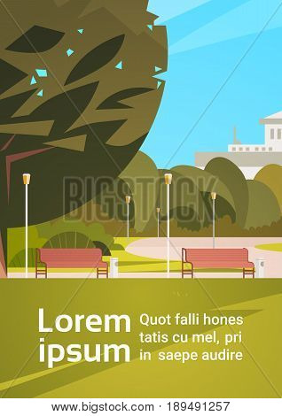 Summer City Park With Town Building Background Green Trees And Wooden Bench Vector Illustration