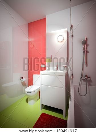 Modern Urban Contemporary Bathroom WC Interior Design with White Red and Light green Tiles. 3d rendering