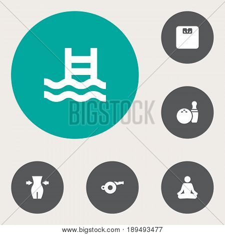 Set Of 6 Bodybuilding Icons Set.Collection Of Blower, Kegling, Body Balance And Other Elements.