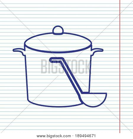 Pan with steam sign. Vector. Navy line icon on notebook paper as background with red line for field.