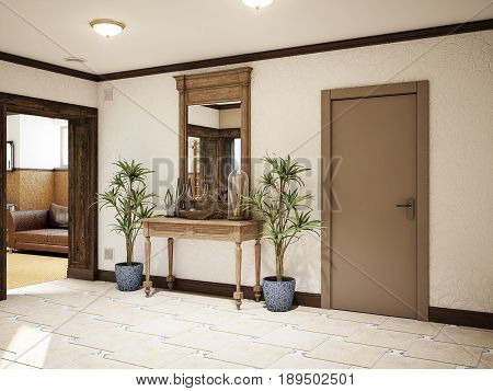 Spacious Hall basement colonial mediterranean style interior design. Bright room with vintage furniture. Beige aged travertine stone tiles on floor White decorative plaster on walls. 3d rendering
