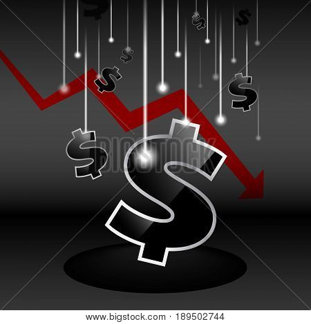 Stocks fall shows the money down.
The stock is in a gloomy state.
Used for business, finance, banking, stocks, dollars.