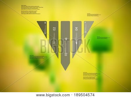 Illustration infographic template with motif of triangle vertically divided to five standalone grey sections with simple sign number and sample text. Blurred photo is used as background.