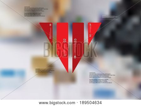 Illustration infographic template with motif of triangle vertically divided to four standalone red sections with simple sign number and sample text. Blurred photo is used as background.