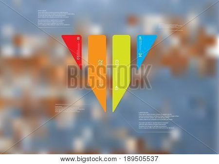 Illustration infographic template with motif of triangle vertically divided to four standalone color sections with simple sign number and sample text. Blurred photo is used as background.