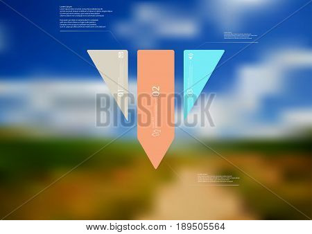 Illustration infographic template with motif of triangle vertically divided to three standalone color sections with simple sign number and sample text. Blurred photo is used as background.