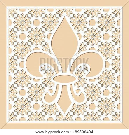 White openwork frame with feur de lis inside. Laser cutting template for greeting cards envelopes wedding invitations menus interior decorative elements.