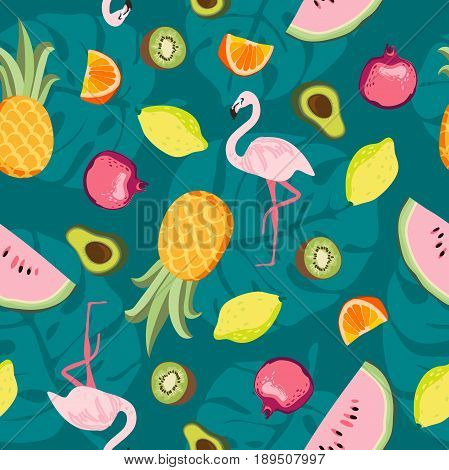Tropical trrendy seamless pattern with pink flamingo, pineapples, tropical leafs, watermelon, lemon, avocado. Beach background. Tropical paradise