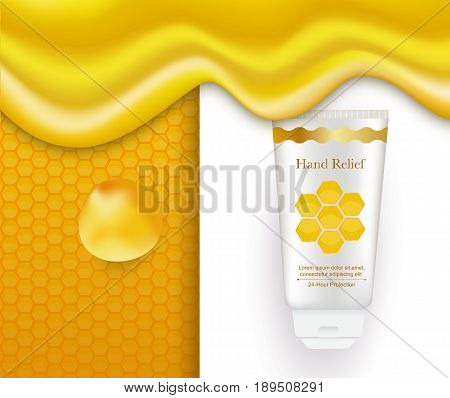 Honey hand cream conceptual vector illustration. Realistic white tube, logo, text, honeycomb pattern, dripping liquid honey flowing. Cosmetic package honey design.