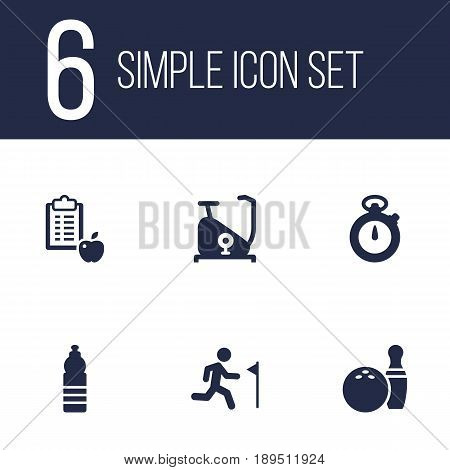 Set Of 6 Bodybuilding Icons Set.Collection Of Regime, Timer, Kegling And Other Elements.