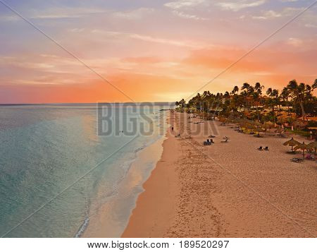 Aerial from Druif beach on Aruba island in the Caribbean at sunset