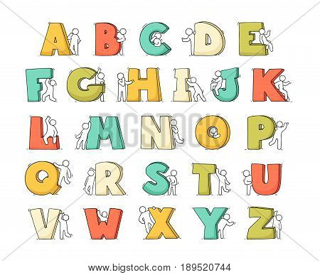 Cartoon icons set of sketch little people with letters. Doodle cute workers with alfabet. Hand drawn vector illustration for education design.