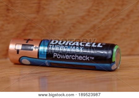 SARANSK, RUSSIA - MAY 28, 2017: AAA Duracell Turbo Max battery.