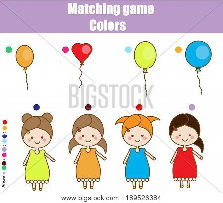 Educational children game. Matching game worksheet for kids. Match by color. Find pairs of girls and balloons. Learning colors theme