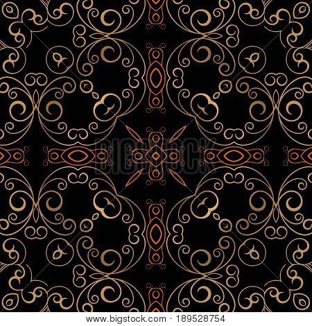 abstract decorative golden symmetrical geometric pattern on a dark background Curly seamless pattern in retro style.