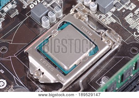 SARANSK, RUSSIA - MAY 14, 2017: Intel Xeon CPU on a computer motherboard.