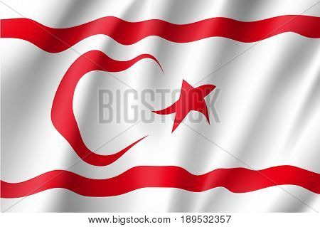 Waving flag of Turkish Republic of Northern Cyprus. Patriotic national sign. Official symbol of state northeastern portion of the island of Cyprus. Vector icon illustration