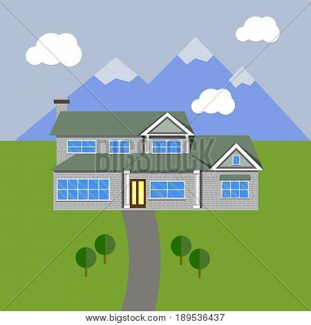 House in flat design. Vector Architecture Illustration. Mountains and clouds in the background