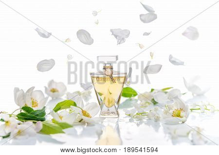 Saratov, Russia -  May 9, 2017: Champs Elysees Eau De Toilette Guerlain With Spring Flower